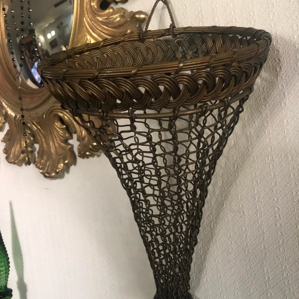 Antique French Brass Woven Chainmail-Style Wall Pocket Hanging Vase